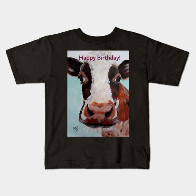 Happy Birthday greeting card featuring cow face Kids T-Shirt by Krusty